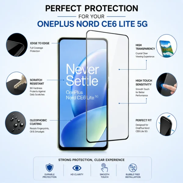 OnePlus Nord CE6 Lite 5G Tempered Glass Screen Protector | 9H Hardness HD Clear Bubble Free - Image 3