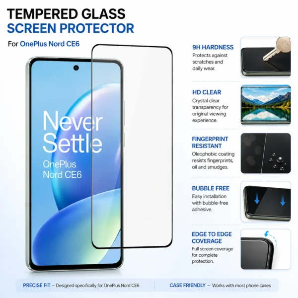 OnePlus Nord CE6 5G Tempered Glass Screen Protector | 9H Hardness HD Clear Bubble Free (Copy) - Image 3