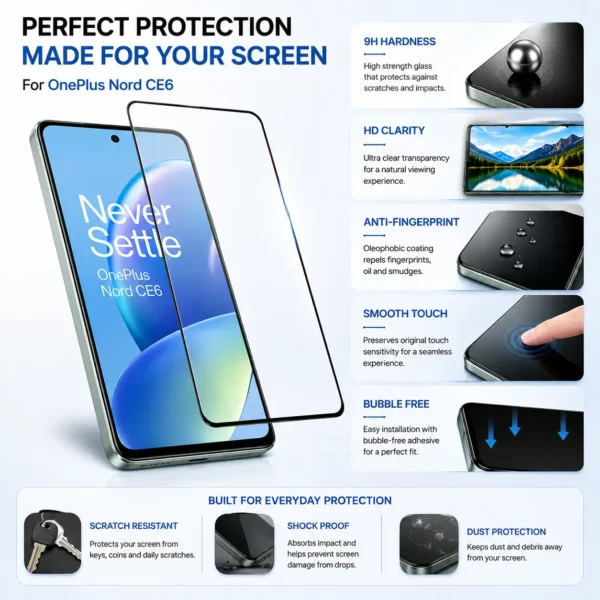 OnePlus Nord CE6 5G Tempered Glass Screen Protector | 9H Hardness HD Clear Bubble Free (Copy) - Image 2