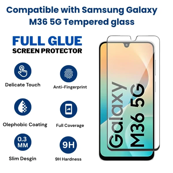 Samsung Galaxy M36 5G Tempered Glass Screen Protector– Edge-to-Edge, Anti-Scratch, HD Clear - Image 2